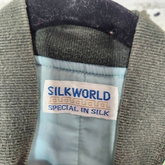 Silk World Abstract Graphic Pattern Ribbed Trim Bomber Jacket Blue Green Large - Picture 12 of 12